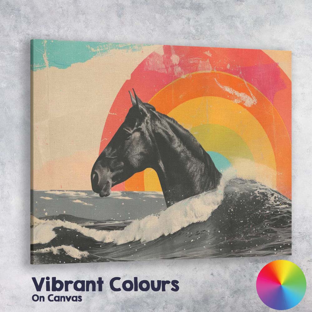 Black Horse Ocean Waves Rainbow Sunset Surreal Canvas Wall Art Print Decor Picture Ready to Hang