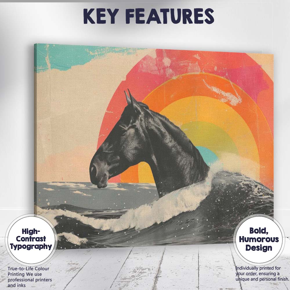 Black Horse Ocean Waves Rainbow Sunset Surreal Canvas Wall Art Print Decor Picture Ready to Hang