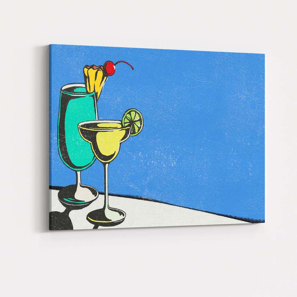 Blue Tropical Cocktail Margarita Summer Drinks Illustration Canvas Wall Art Print Decor Picture Ready to Hang