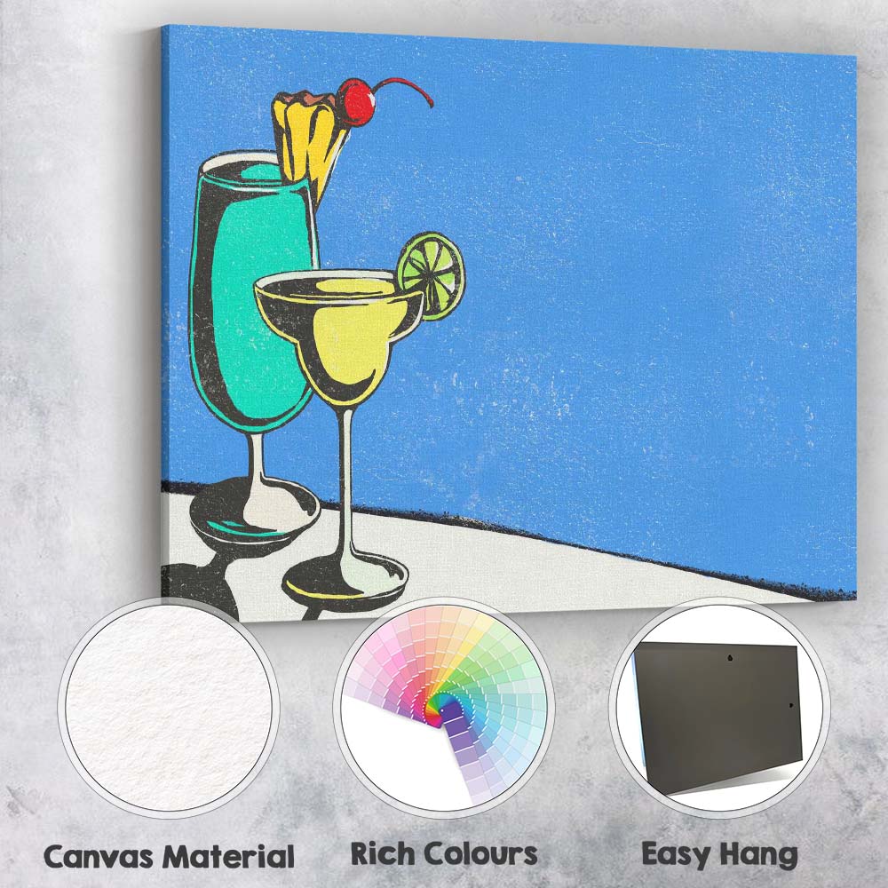 Blue Tropical Cocktail Margarita Summer Drinks Illustration Canvas Wall Art Print Decor Picture Ready to Hang