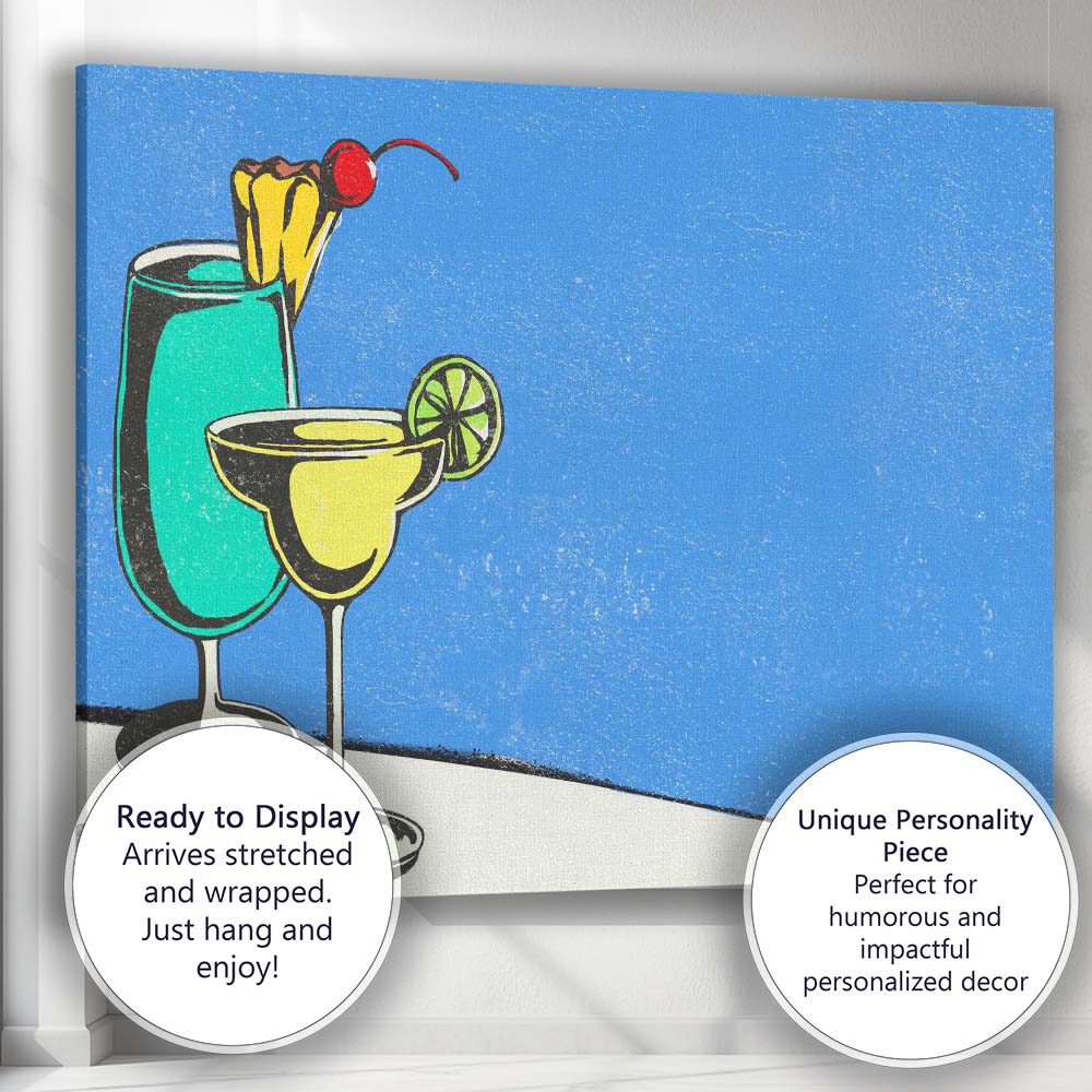 Blue Tropical Cocktail Margarita Summer Drinks Illustration Canvas Wall Art Print Decor Picture Ready to Hang