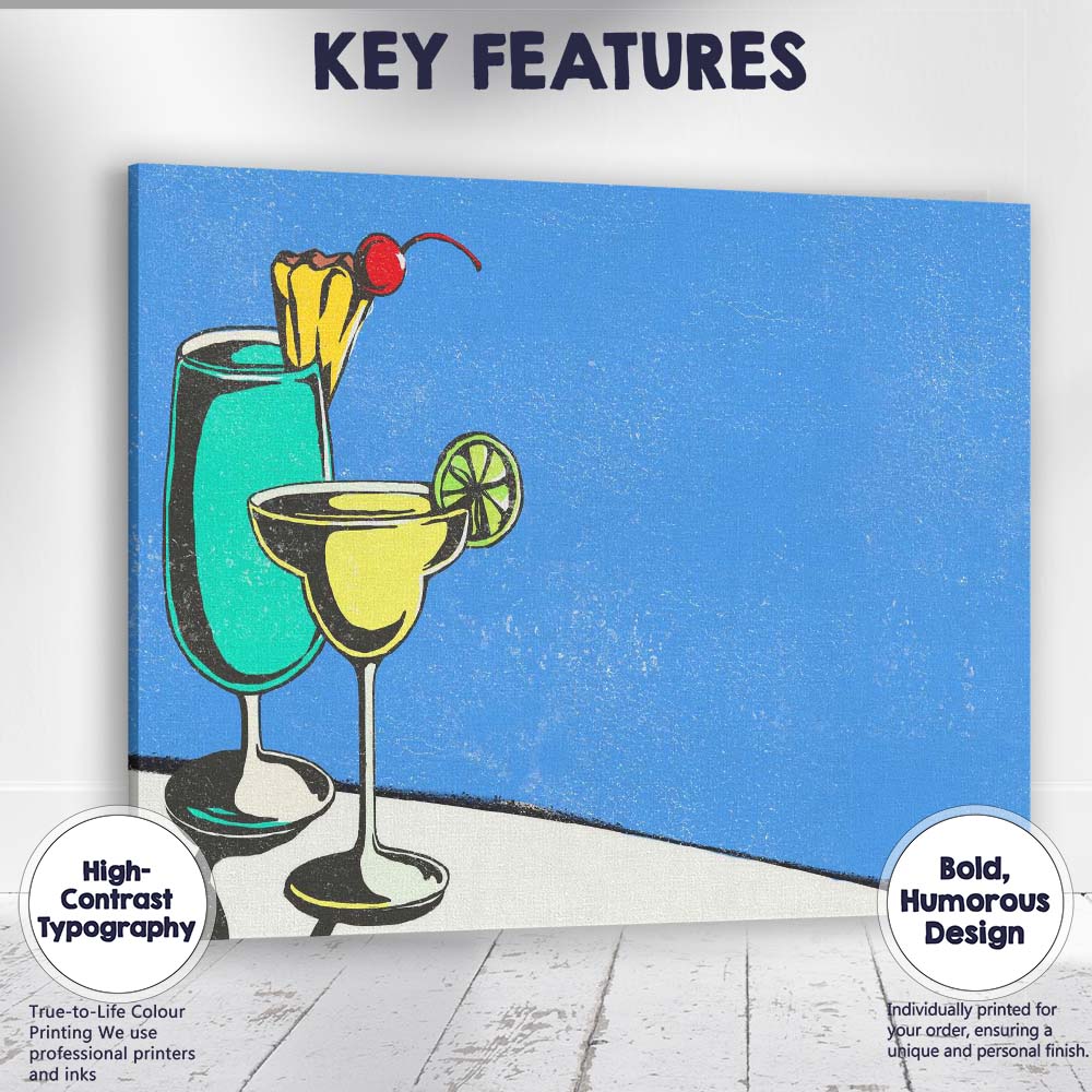 Blue Tropical Cocktail Margarita Summer Drinks Illustration Canvas Wall Art Print Decor Picture Ready to Hang