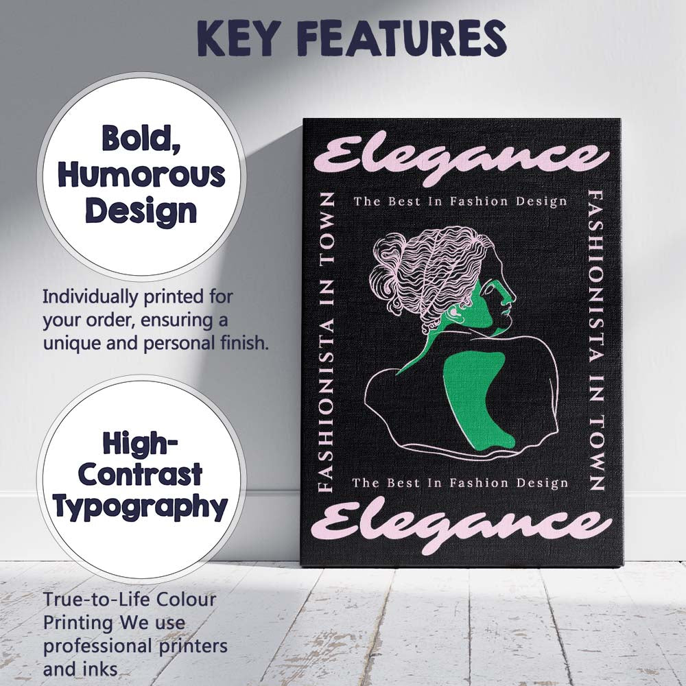 Elegant Fashionista Line Art Portrait Typography Canvas Wall Art Print Decor Picture Ready to Hang