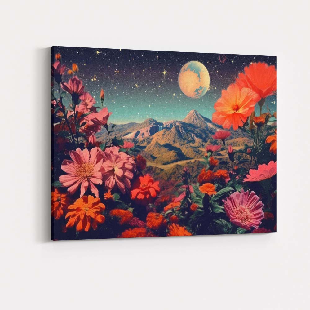 Celestial Floral Mountain Landscape Surreal Night Sky Canvas Wall Art Print Decor Picture Ready to Hang
