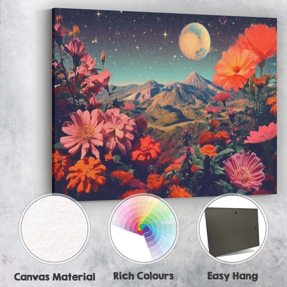 Celestial Floral Mountain Landscape Surreal Night Sky Canvas Wall Art Print Decor Picture Ready to Hang