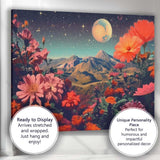 Celestial Floral Mountain Landscape Surreal Night Sky Canvas Wall Art Print Decor Picture Ready to Hang