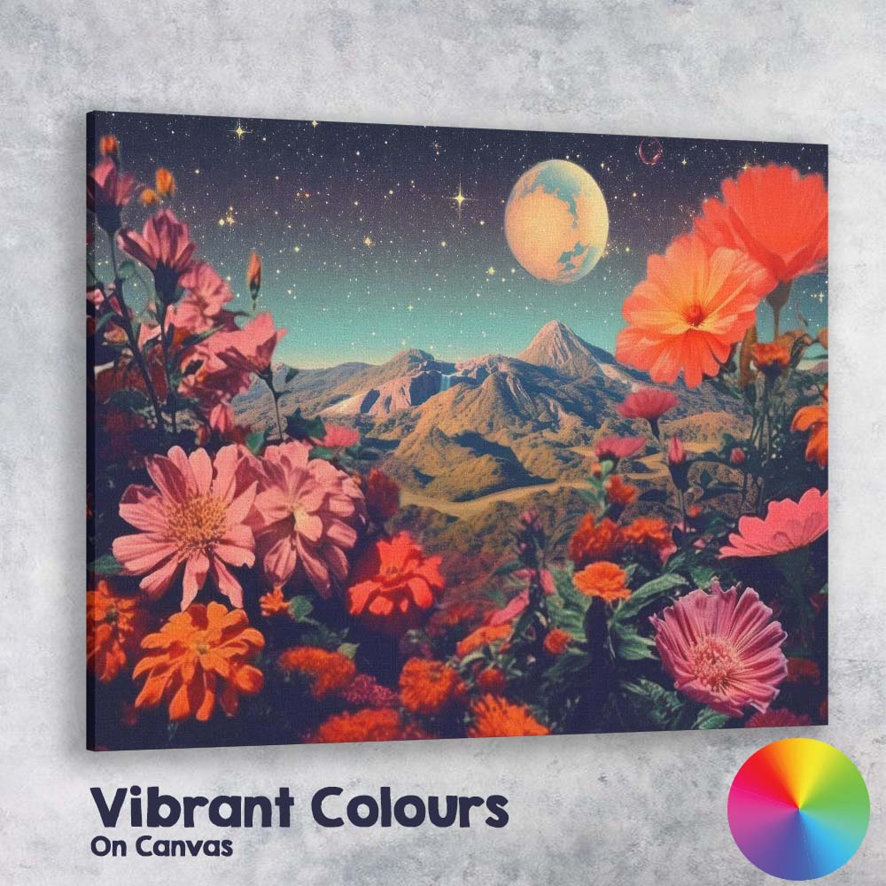 Celestial Floral Mountain Landscape Surreal Night Sky Canvas Wall Art Print Decor Picture Ready to Hang