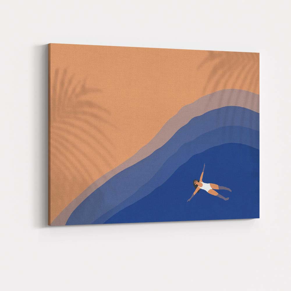 Minimalist Abstract Woman Floating Blue Water Illustration Canvas Wall Art Print Decor Picture Ready to Hang