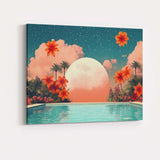 Tropical Floral Poolside Giant Moon Surreal Paradise Canvas Wall Art Print Decor Picture Ready to Hang