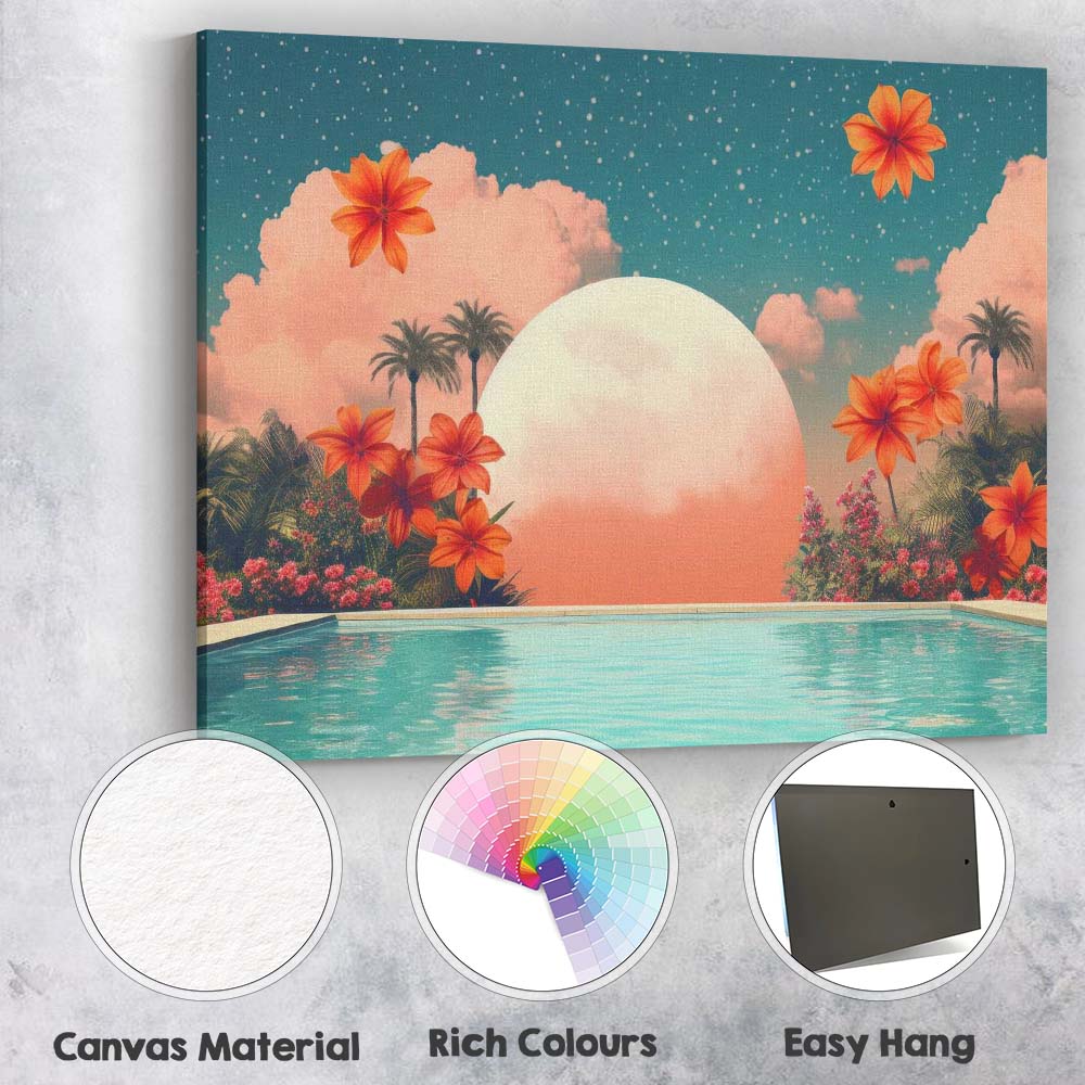 Tropical Floral Poolside Giant Moon Surreal Paradise Canvas Wall Art Print Decor Picture Ready to Hang