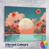 Tropical Floral Poolside Giant Moon Surreal Paradise Canvas Wall Art Print Decor Picture Ready to Hang