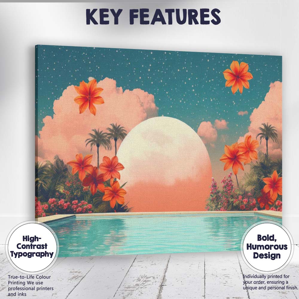 Tropical Floral Poolside Giant Moon Surreal Paradise Canvas Wall Art Print Decor Picture Ready to Hang