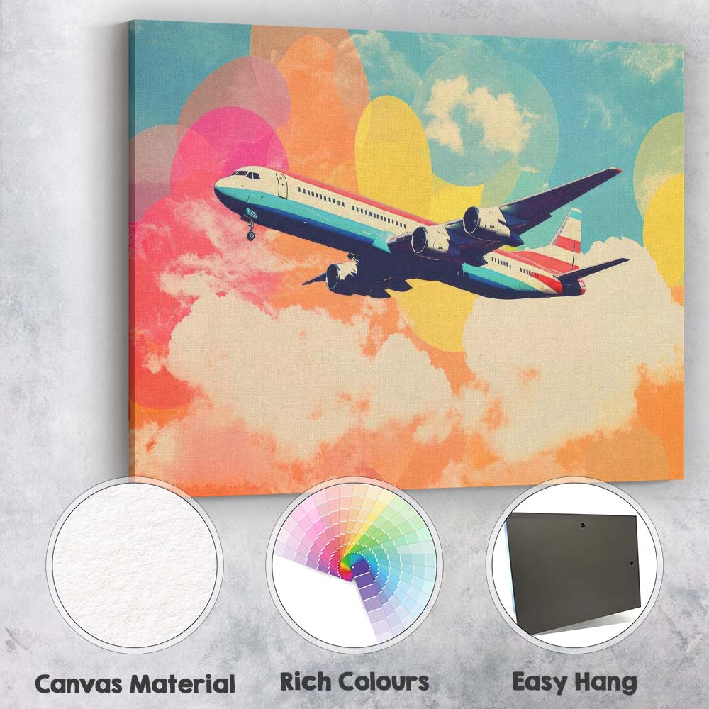 Colourful Retro Airliner Floating Above Clouds Pop Art Canvas Wall Art Print Decor Picture Ready to Hang