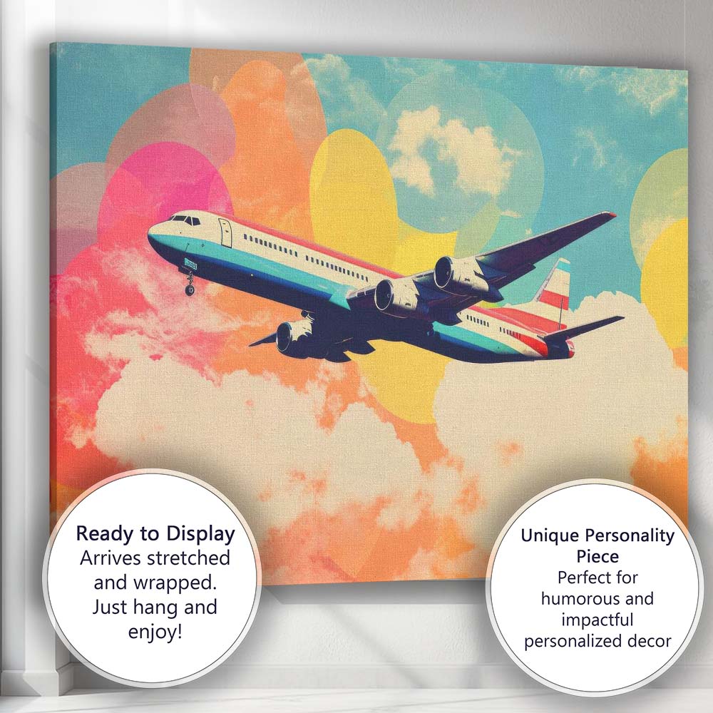 Colourful Retro Airliner Floating Above Clouds Pop Art Canvas Wall Art Print Decor Picture Ready to Hang