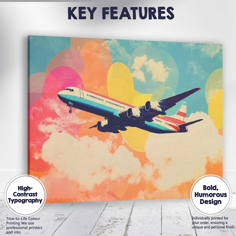 Colourful Retro Airliner Floating Above Clouds Pop Art Canvas Wall Art Print Decor Picture Ready to Hang