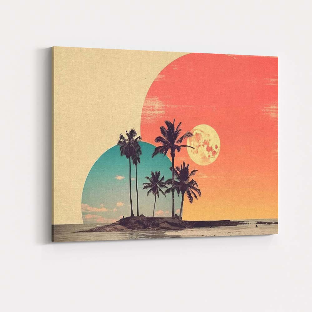 Tropical Island Twin Planets Retro Sunset Coastal Canvas Wall Art Print Decor Picture Ready to Hang