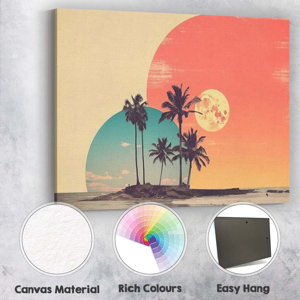 Tropical Island Twin Planets Retro Sunset Coastal Canvas Wall Art Print Decor Picture Ready to Hang