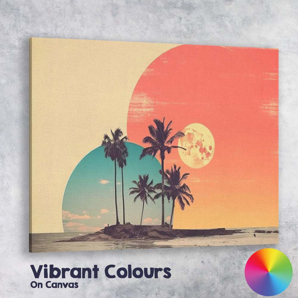 Tropical Island Twin Planets Retro Sunset Coastal Canvas Wall Art Print Decor Picture Ready to Hang