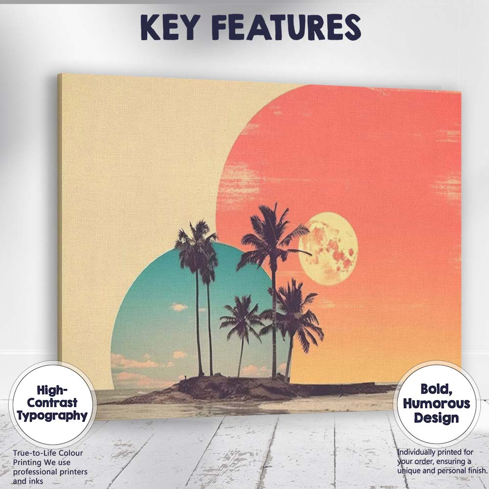 Tropical Island Twin Planets Retro Sunset Coastal Canvas Wall Art Print Decor Picture Ready to Hang