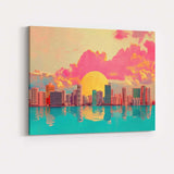 Dreamy Coastal City Skyline Pink Sunset Reflection Canvas Wall Art Print Decor Picture Ready to Hang