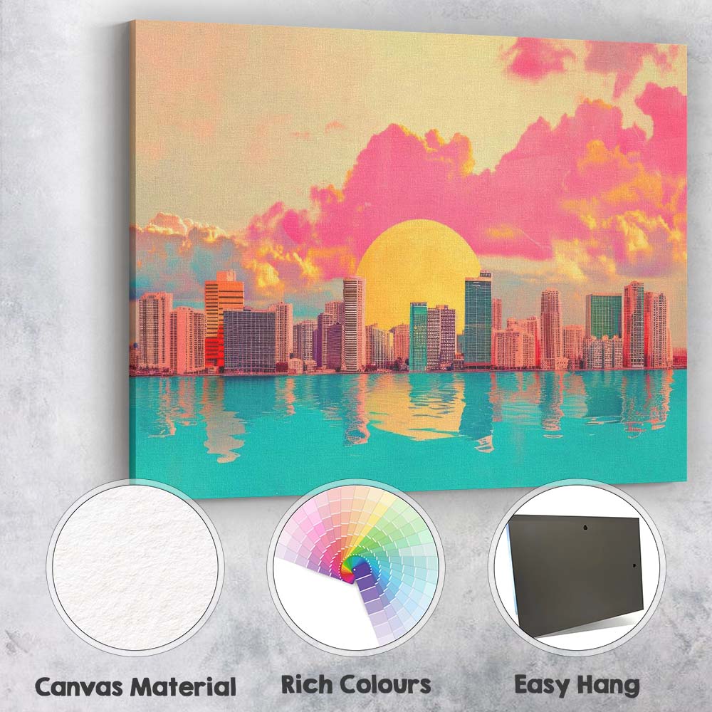 Dreamy Coastal City Skyline Pink Sunset Reflection Canvas Wall Art Print Decor Picture Ready to Hang