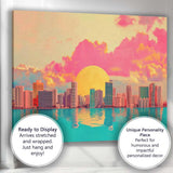 Dreamy Coastal City Skyline Pink Sunset Reflection Canvas Wall Art Print Decor Picture Ready to Hang