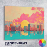Dreamy Coastal City Skyline Pink Sunset Reflection Canvas Wall Art Print Decor Picture Ready to Hang
