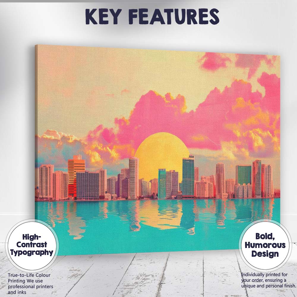 Dreamy Coastal City Skyline Pink Sunset Reflection Canvas Wall Art Print Decor Picture Ready to Hang