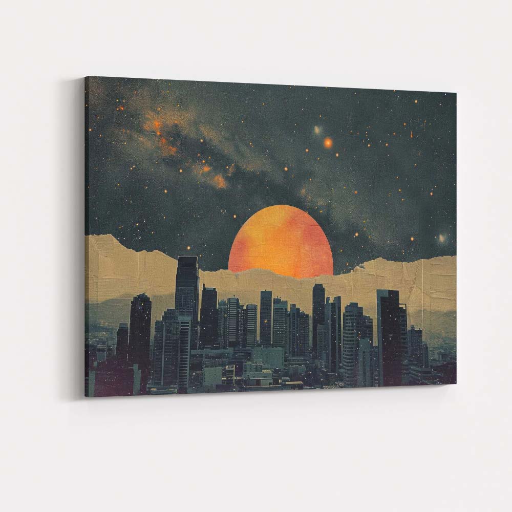 Night City Skyline Cosmic Sunset Celestial Landscape Canvas Wall Art Print Decor Picture Ready to Hang