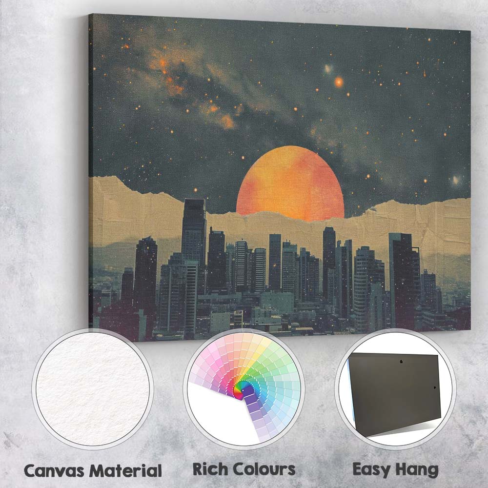 Night City Skyline Cosmic Sunset Celestial Landscape Canvas Wall Art Print Decor Picture Ready to Hang