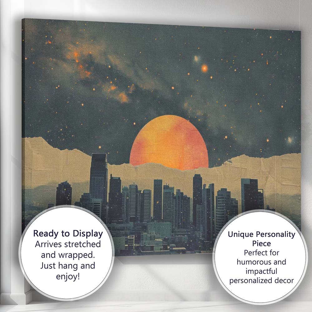 Night City Skyline Cosmic Sunset Celestial Landscape Canvas Wall Art Print Decor Picture Ready to Hang