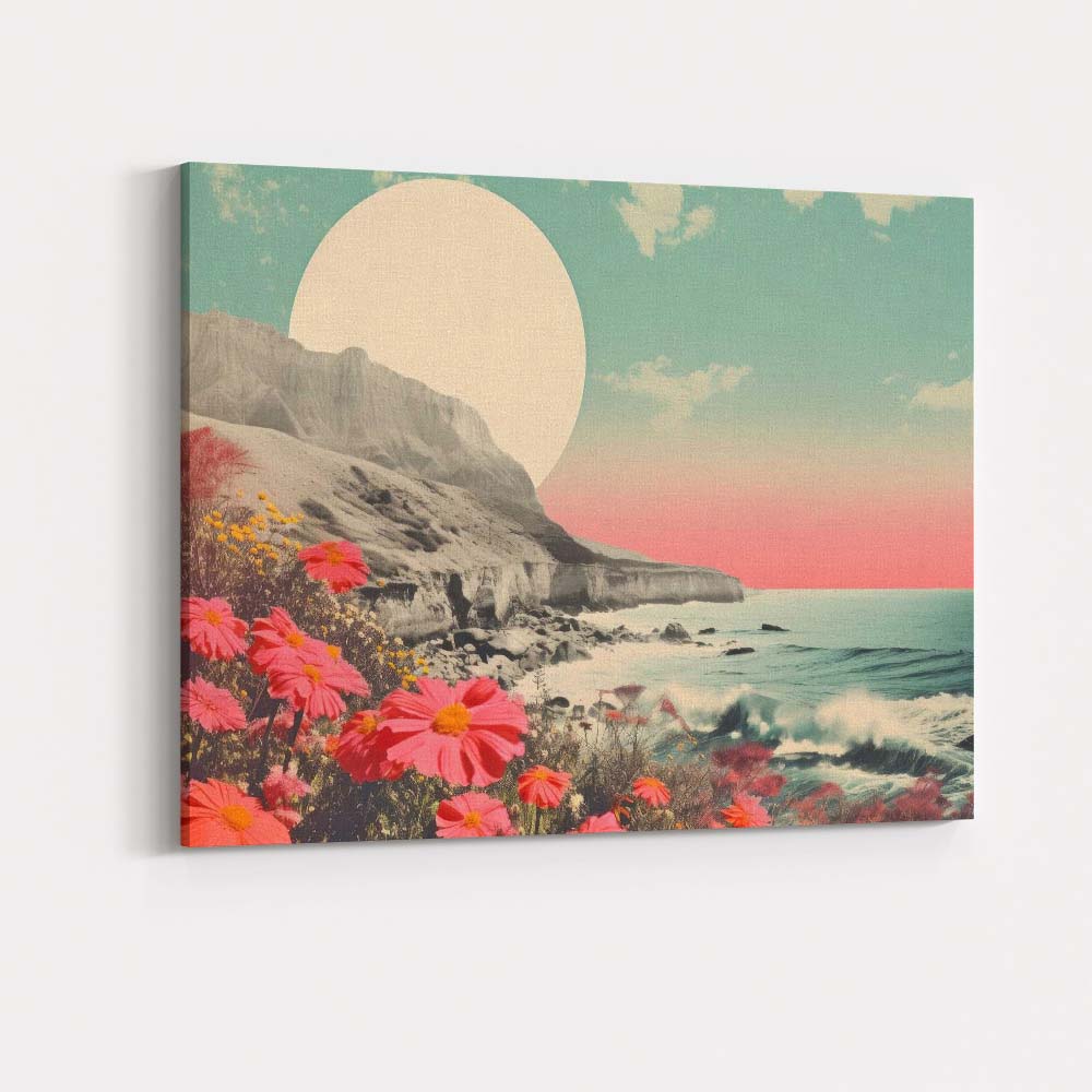 Dreamy Coastal Cliffs Pink Wildflowers Seascape Landscape Canvas Wall Art Print Decor Picture Ready to Hang