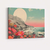 Dreamy Coastal Cliffs Pink Wildflowers Seascape Landscape Canvas Wall Art Print Decor Picture Ready to Hang