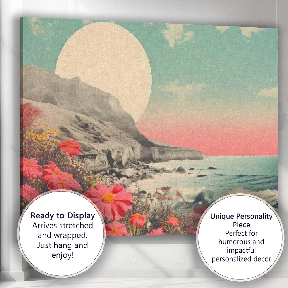 Dreamy Coastal Cliffs Pink Wildflowers Seascape Landscape Canvas Wall Art Print Decor Picture Ready to Hang