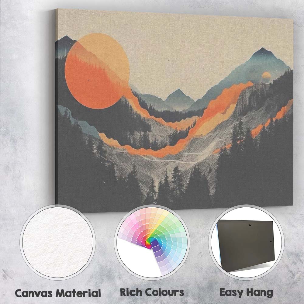 Abstract Mountain Valley Orange Sun Minimalist Landscape Canvas Wall Art Print Decor Picture Ready to Hang