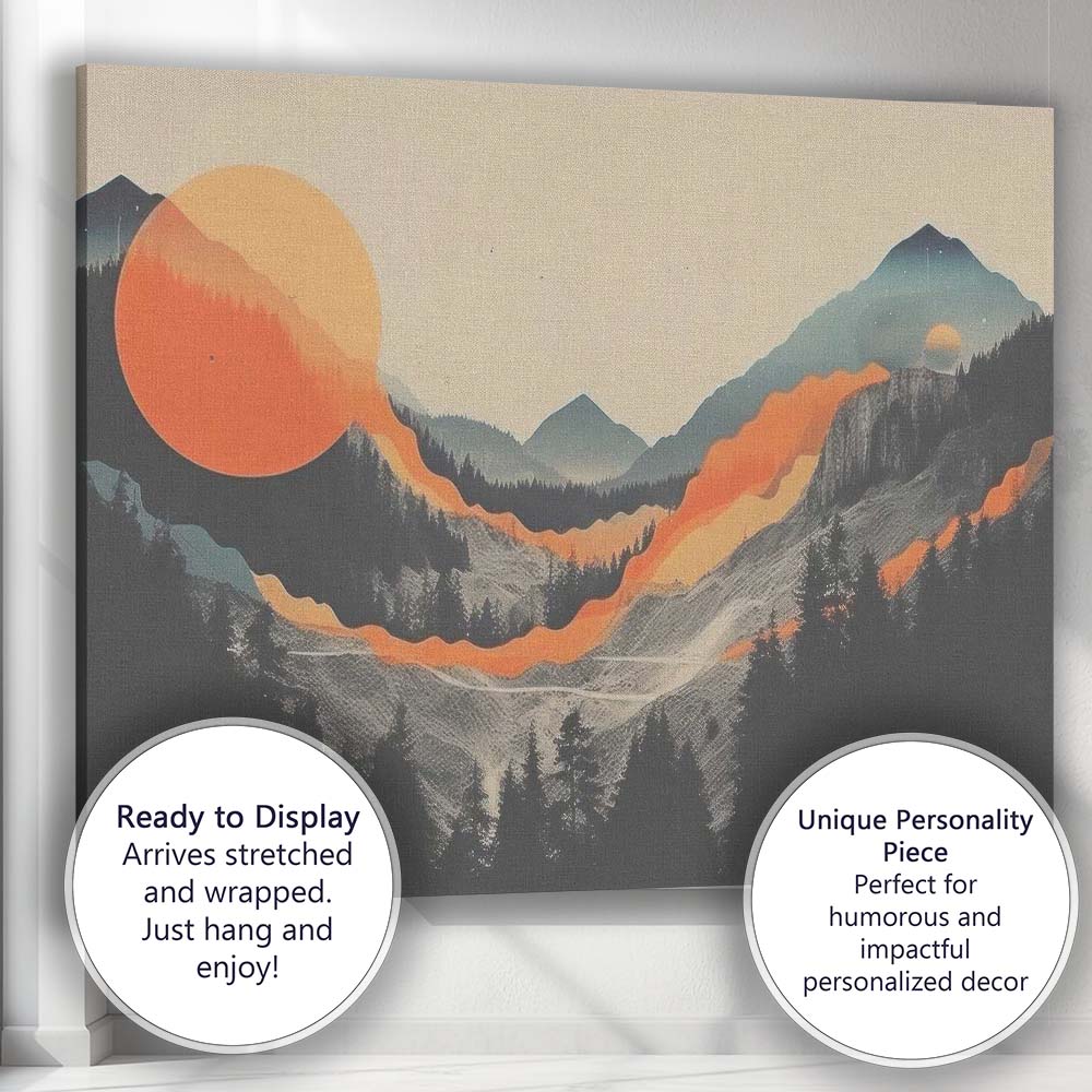 Abstract Mountain Valley Orange Sun Minimalist Landscape Canvas Wall Art Print Decor Picture Ready to Hang