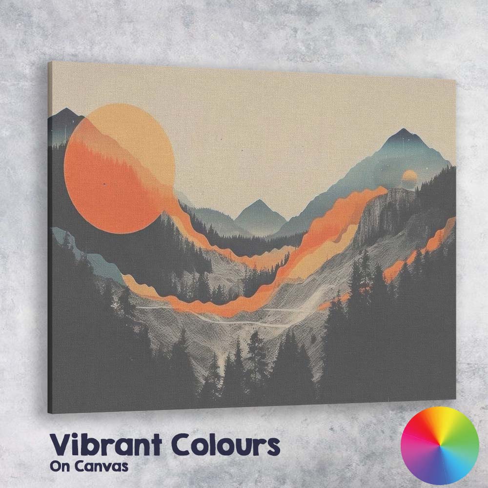 Abstract Mountain Valley Orange Sun Minimalist Landscape Canvas Wall Art Print Decor Picture Ready to Hang