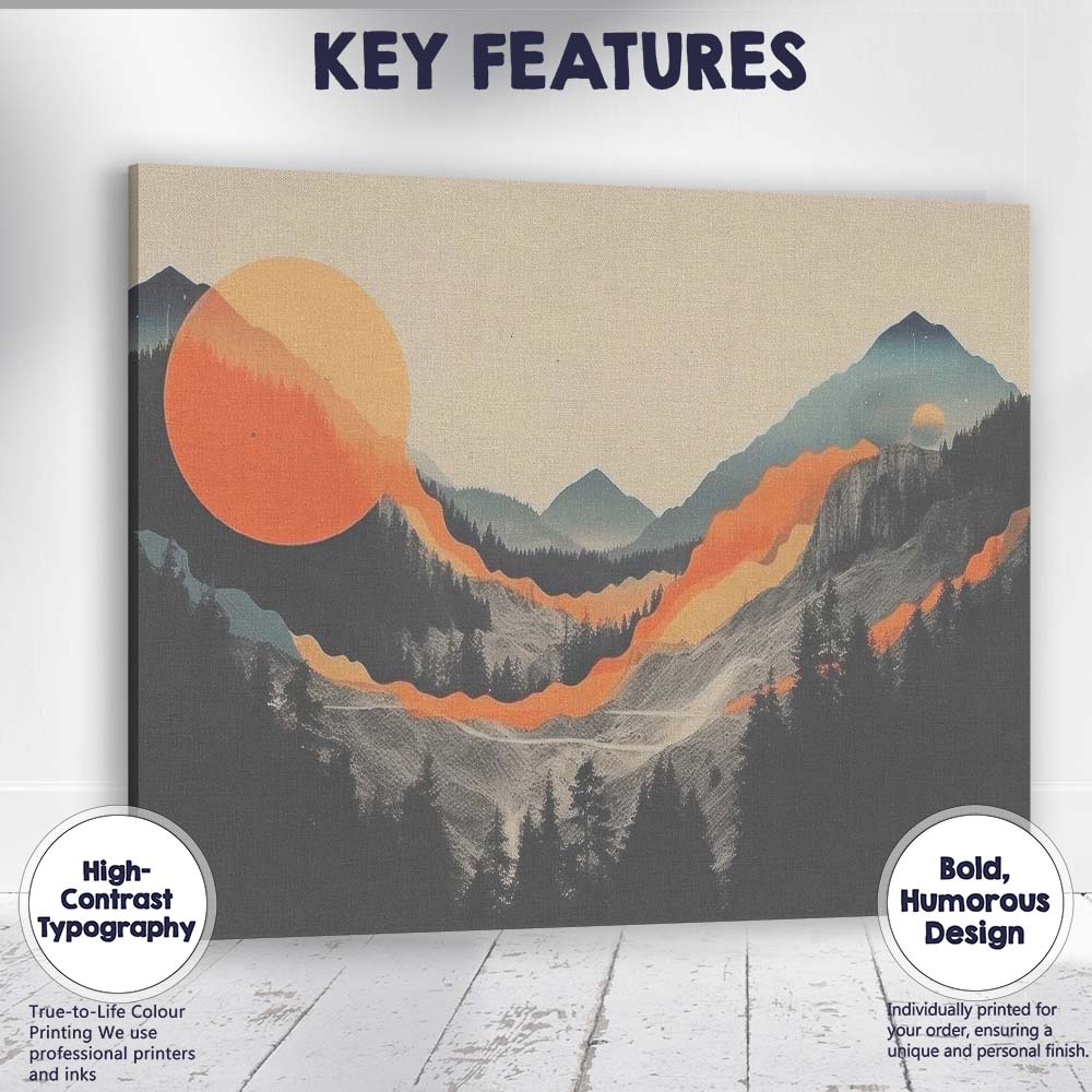 Abstract Mountain Valley Orange Sun Minimalist Landscape Canvas Wall Art Print Decor Picture Ready to Hang