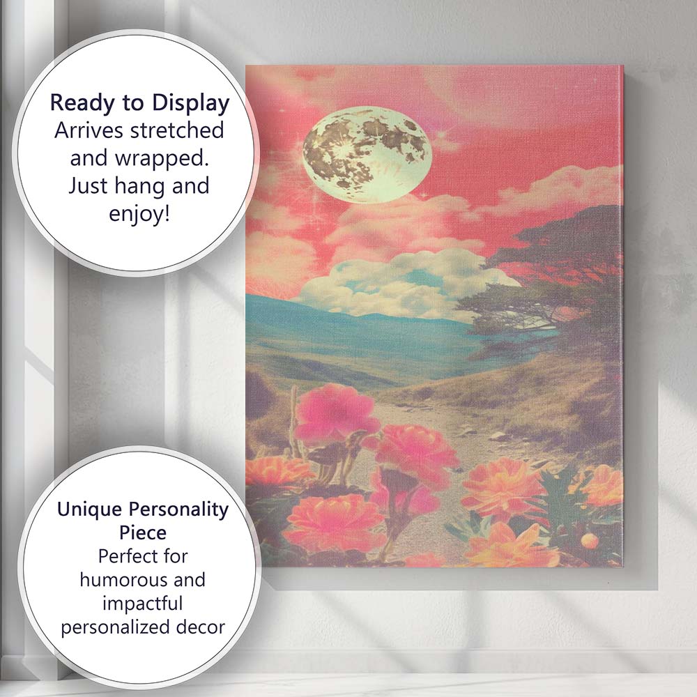 Surreal Pink Moon Floral Mountain Dreamscape Landscape Canvas Wall Art Print Decor Picture Ready to Hang