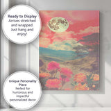 Surreal Pink Moon Floral Mountain Dreamscape Landscape Canvas Wall Art Print Decor Picture Ready to Hang