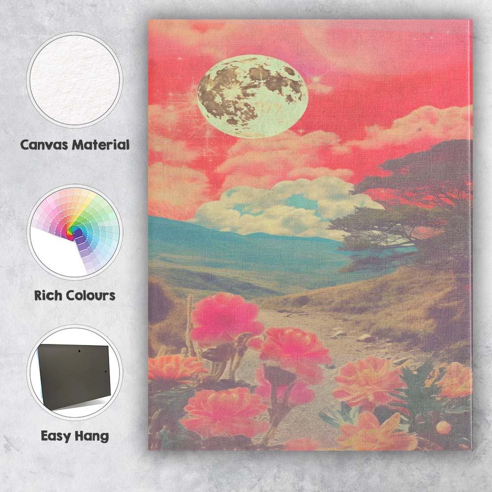 Surreal Pink Moon Floral Mountain Dreamscape Landscape Canvas Wall Art Print Decor Picture Ready to Hang