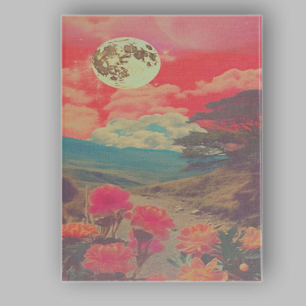 Surreal Pink Moon Floral Mountain Dreamscape Landscape Canvas Wall Art Print Decor Picture Ready to Hang