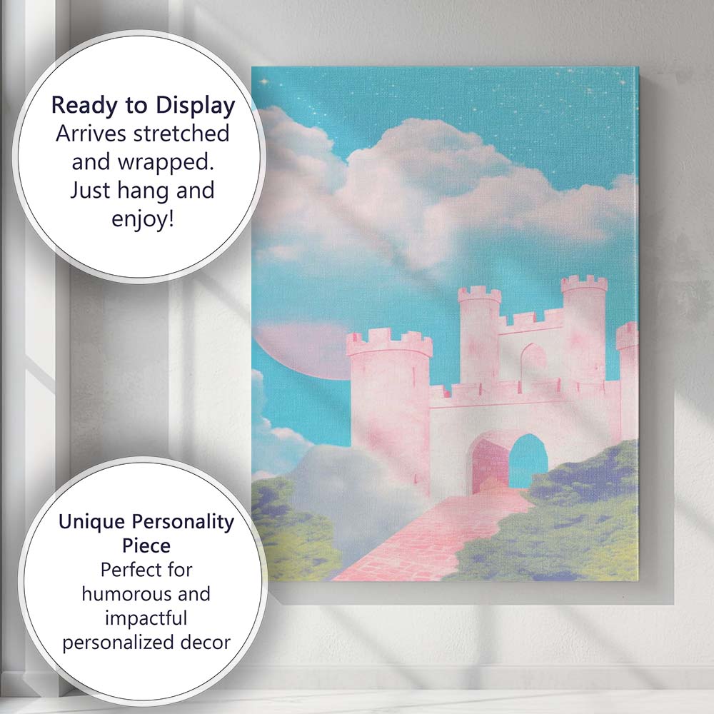 Ethereal Pink Medieval Castle Celestial Sky Fantasy Landscape Canvas Wall Art Print Decor Picture Ready to Hang