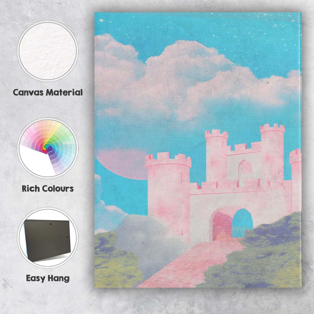 Ethereal Pink Medieval Castle Celestial Sky Fantasy Landscape Canvas Wall Art Print Decor Picture Ready to Hang