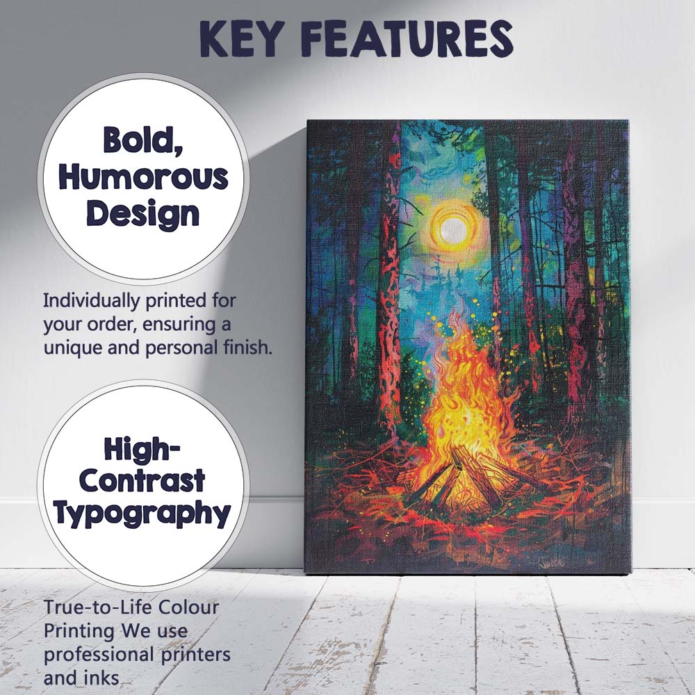 Colourful Moonlit Forest Campfire Woodland Landscape Expressionist Canvas Wall Art Print Decor Picture Ready to Hang
