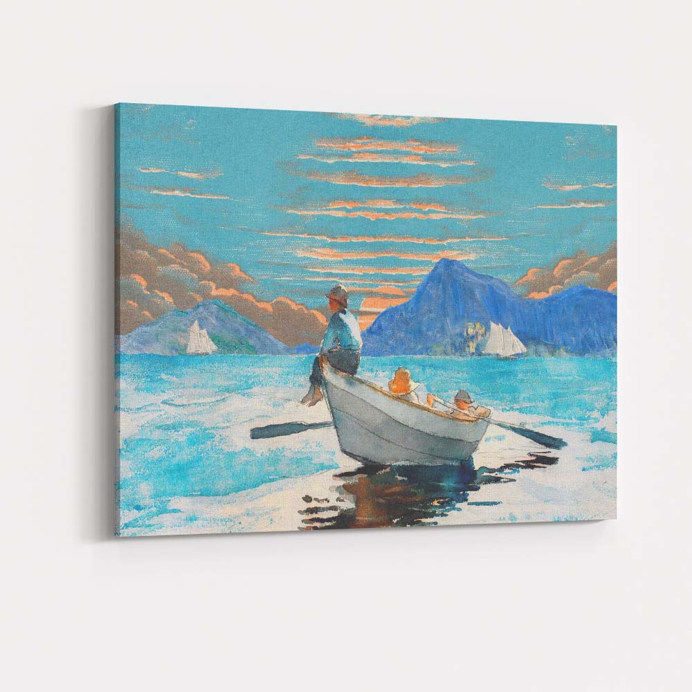 Peaceful Coastal Rowboat Blue Mountain Seascape Watercolour Canvas Wall Art Print Decor Picture Ready to Hang