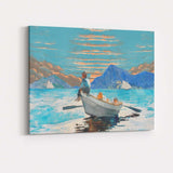 Peaceful Coastal Rowboat Blue Mountain Seascape Watercolour Canvas Wall Art Print Decor Picture Ready to Hang