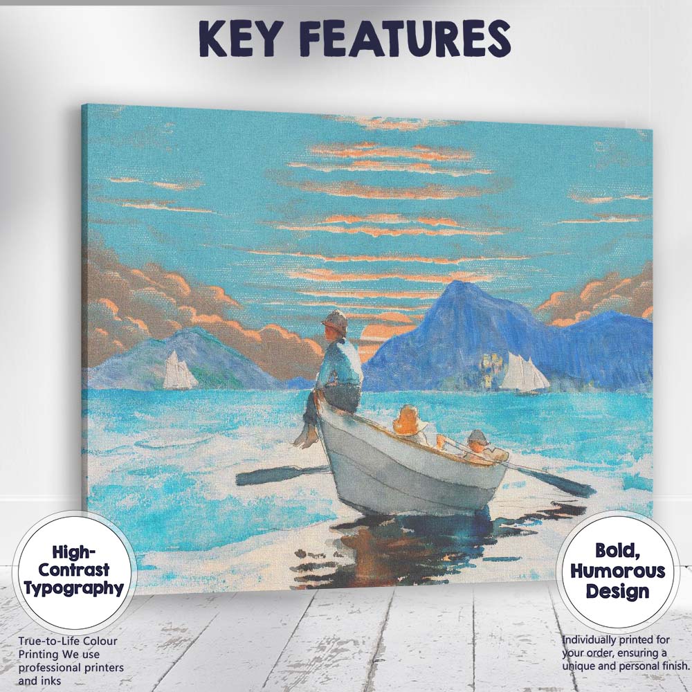 Peaceful Coastal Rowboat Blue Mountain Seascape Watercolour Canvas Wall Art Print Decor Picture Ready to Hang