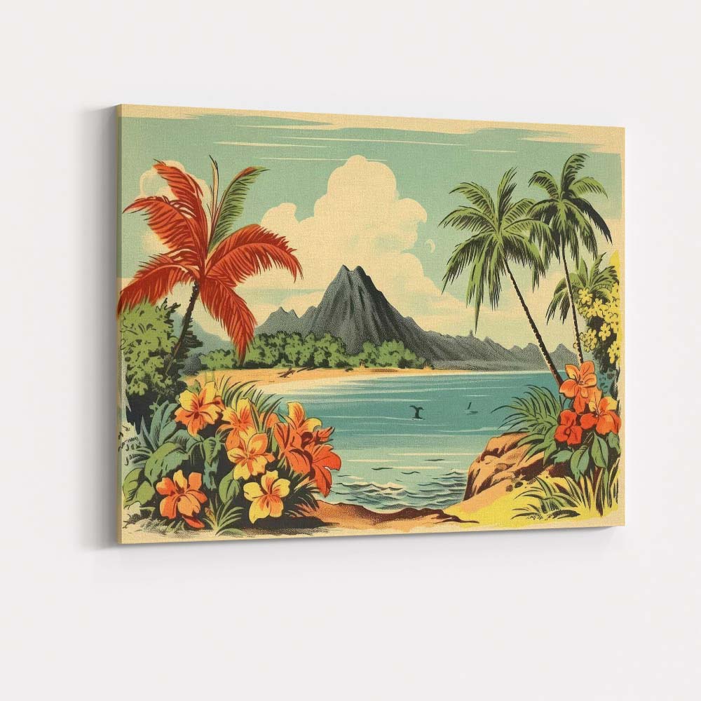 Retro Tropical Island Hibiscus Floral Paradise Landscape Canvas Wall Art Print Decor Picture Ready to Hang