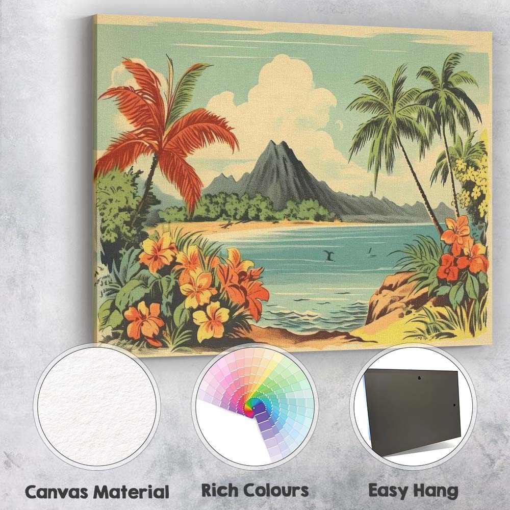 Retro Tropical Island Hibiscus Floral Paradise Landscape Canvas Wall Art Print Decor Picture Ready to Hang
